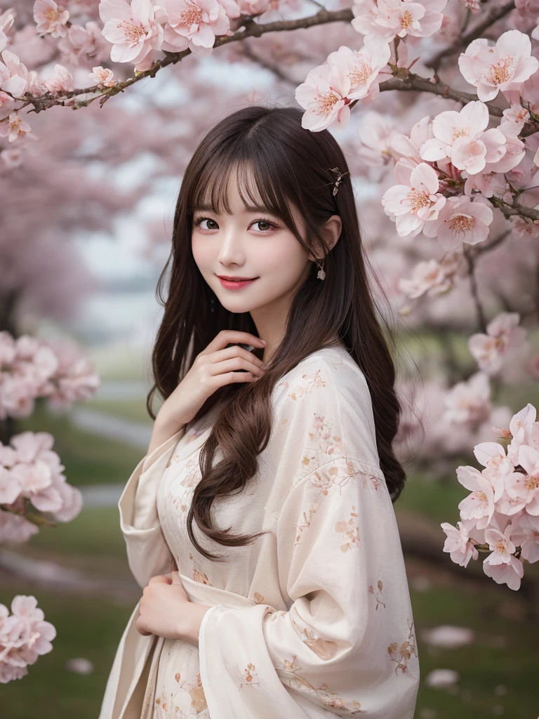 masterpiece, best quality, illustration, ultra-detailed, finely detailed, high resolution, 8K wallpaper, perfect dynamic composition, beautiful detailed eyes, cherry blossoms, traditional clothing, long hair, soft expression, cute, smile, looking at camera