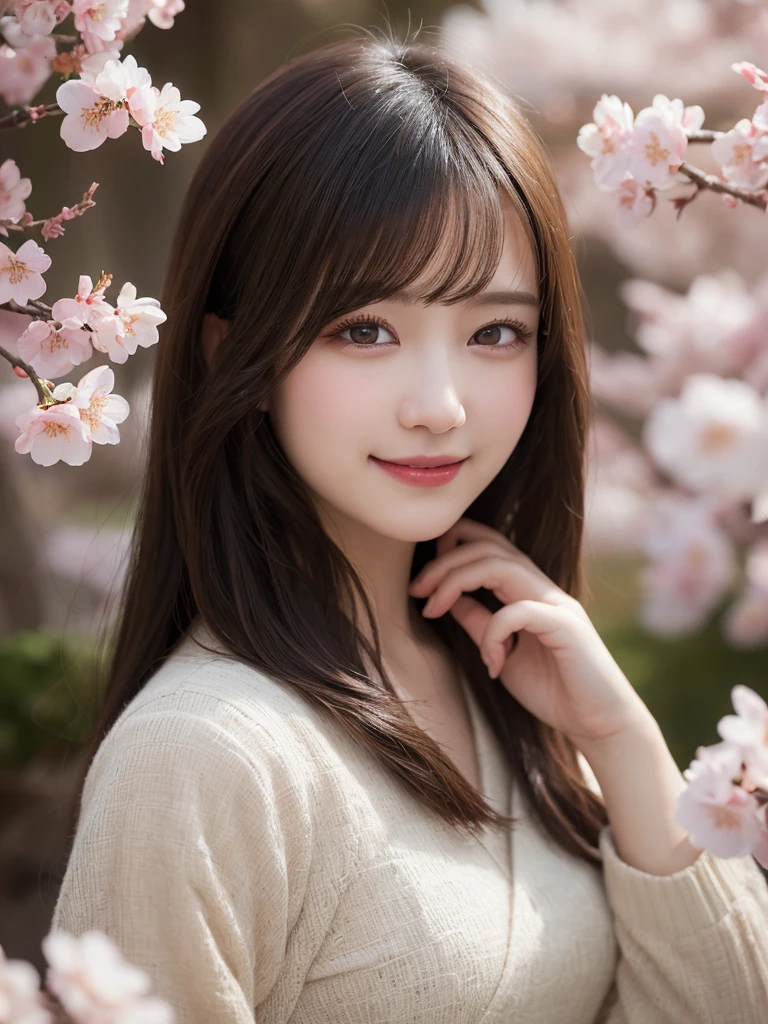 masterpiece, best quality, illustration, ultra-detailed, finely detailed, high resolution, 8K wallpaper, perfect dynamic composition, beautiful detailed eyes, cherry blossoms, traditional clothing, long hair, soft expression, cute, smile, looking at camera