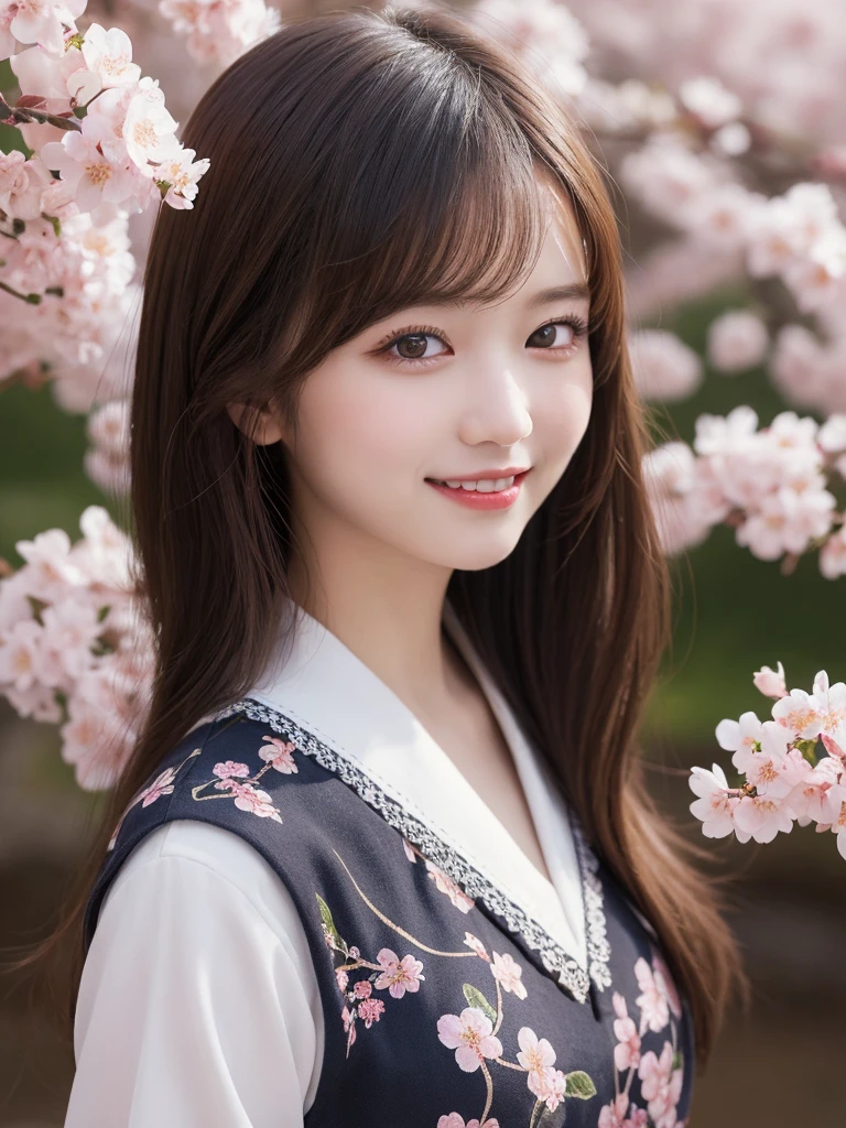 masterpiece, best quality, illustration, ultra-detailed, finely detailed, high resolution, 8K wallpaper, perfect dynamic composition, beautiful detailed eyes, cherry blossoms, traditional clothing, long hair, soft expression, cute, smile, looking at camera