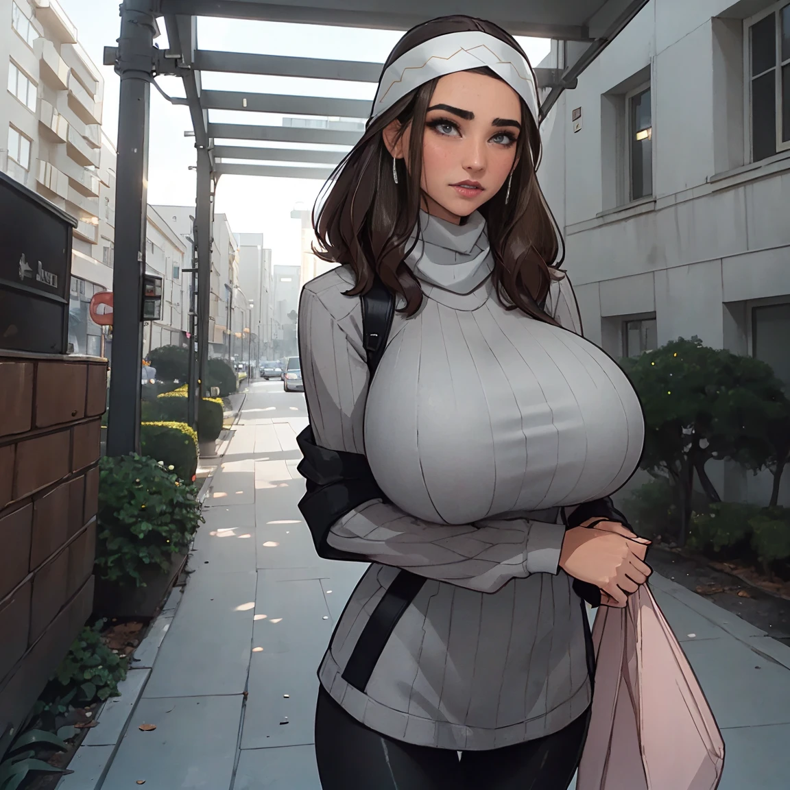 Extremely busty thin and toned brunette photographer, college girl, fair skin, loose side sweep, soft face, athletic, pink bandana babushka headwrap, long oversized tight grey long-sleeve (pullover) top dress, (black leggings). standing in front of her apartment building, outdoors, city, camera bag,