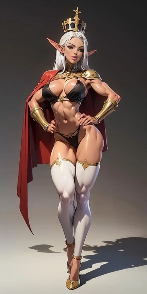 (masterpiece, best quality, plain background:1.2) full body side view standing height straight symmetrical looking to the viewer, view from below, cowboy shot, extremely long hair, ponytail, perfect anatomy 1girl tall solo, slim thick, ((muscular)) high elf toned body, silver breast plate, blue cape, slender abs, hourglass waist, detailed face, defined cheekbones, puffy lips, gauntlets, gold crown, shadow over eyes, white thigh highs lingerie