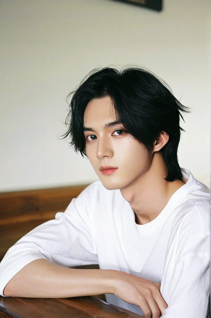 One boy、Young man with black hair（Mash Straight)((Long Hair)），With nape、Long enough to cover the earale K-Pop Idols、Levi Ackerman、Medium portrait、chop、Beautiful Model、Oval Face、Vivid、Cafe、（In a dark room）、The whole body is shown、((Full body photo))
