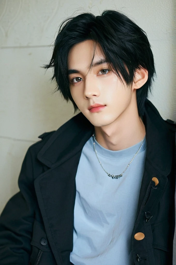 One boy、Young man with black hair(Mash Straight)((Long Hair)),With nape、Long enough to cover the earale K-Pop Idols、Levi Ackerman、Medium portrait、chop、Beautiful Model、Oval Face、Vivid、Cafe、(In a dark room)、The whole body is shown、((Full body photo))