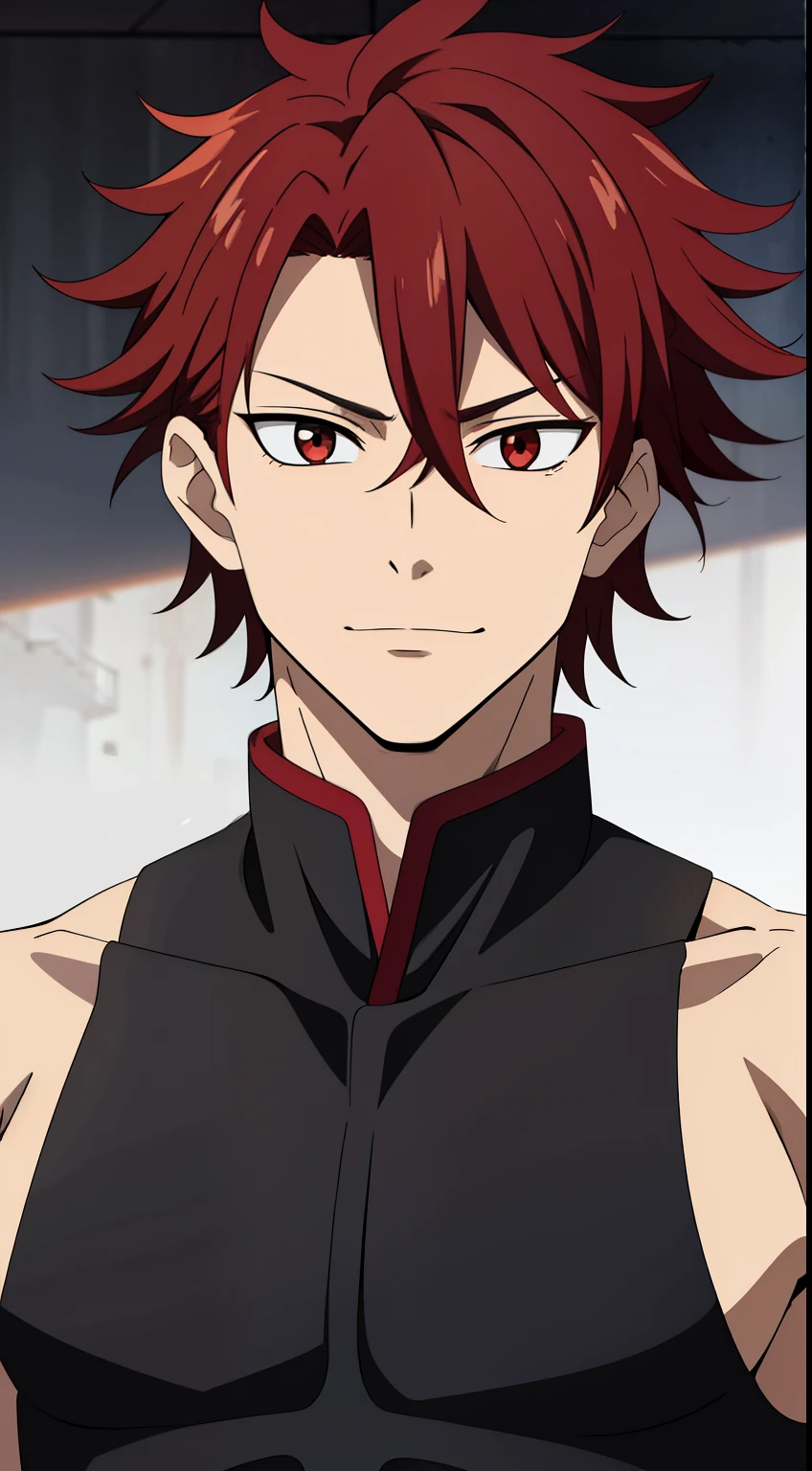 (high-quality, breathtaking),(expressive eyes, perfect face) 1boy, male, solo, age 18, ager age, masculine face, red color hair, red eye color, spiky fluffy hair, short hair length, messy loose hair, red and black sleeveless armor, red trim, greek god, narrow eyes, Symmetrical Eyes, portrait, grey background, confident smirk, Sukuna jujutsu kaisen inspired, villain vibe, handsome, fur, cowboy shot
