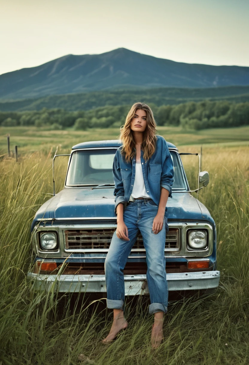 A stunning medium range shot photo by Steven Klein of a young supermodel in flannel shirt and denim pants perched atop an old, weathered blue matte pickup truck. She exudes confidence and grace as she poses barefoot amidst tall wild grass. The rustic fence and quaint farmhouse in the background hint at a serene countryside setting. A majestic mountain row looms in the distance, adding depth and scale to the scene. The overall atmosphere of the photo is natural and serene, capturing the essence of a perfect summer day., photo