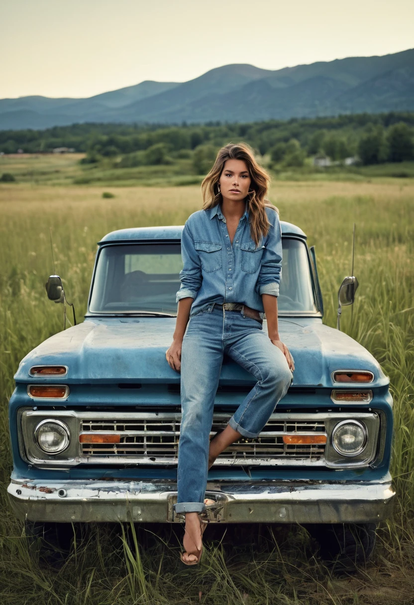 A stunning medium range shot photo by Steven Klein of a young supermodel in flannel shirt and denim pants perched atop an old, weathered blue matte pickup truck. She exudes confidence and grace as she poses barefoot amidst tall wild grass. The rustic fence and quaint farmhouse in the background hint at a serene countryside setting. A majestic mountain row looms in the distance, adding depth and scale to the scene. The overall atmosphere of the photo is natural and serene, capturing the essence of a perfect summer day., photo
