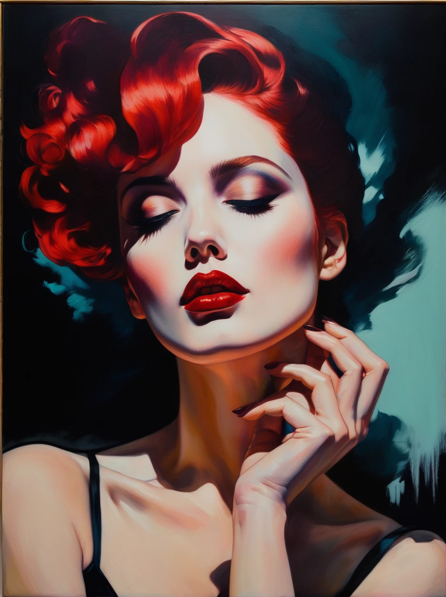 chiaroscuro technique on sensual illustration of an elegant 1980s woman, vintage beauty, eerie, thick oil painting, by Hannah Dale, by Harumi Hironaka, extremely soft colors, vibrant, highly detailed, malcolm liepke painting, oil on canvas, high contrast, dramatic, refined, tonal, Create high contrast between light and shadow