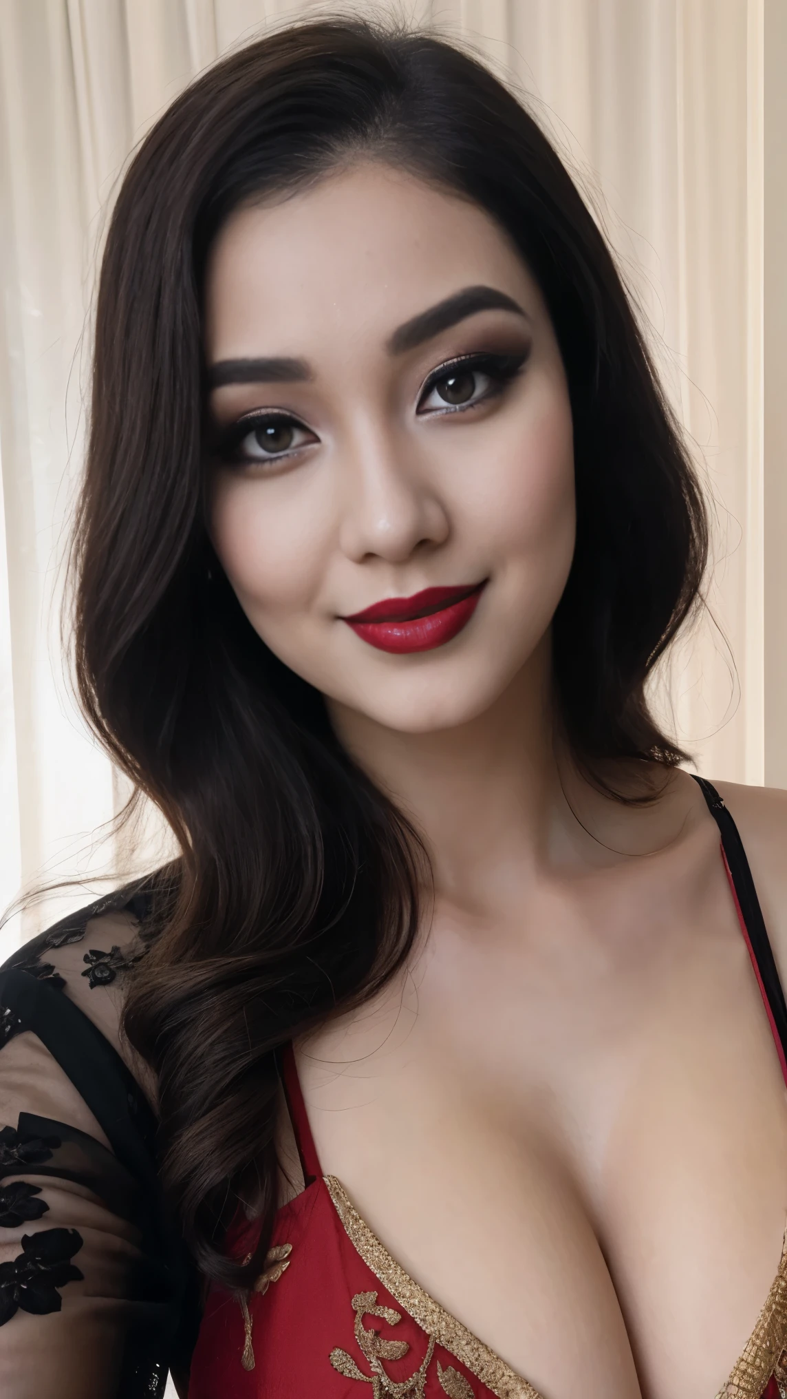 instagram photo, closeup face photo of 23 y.o Chloe in kebaya, Red Lipstick, sensual Lipstick, Sensational Make Up, cleavage, pale skin, (smile:0.4), hard shadows, black G-STRING, bright lighting