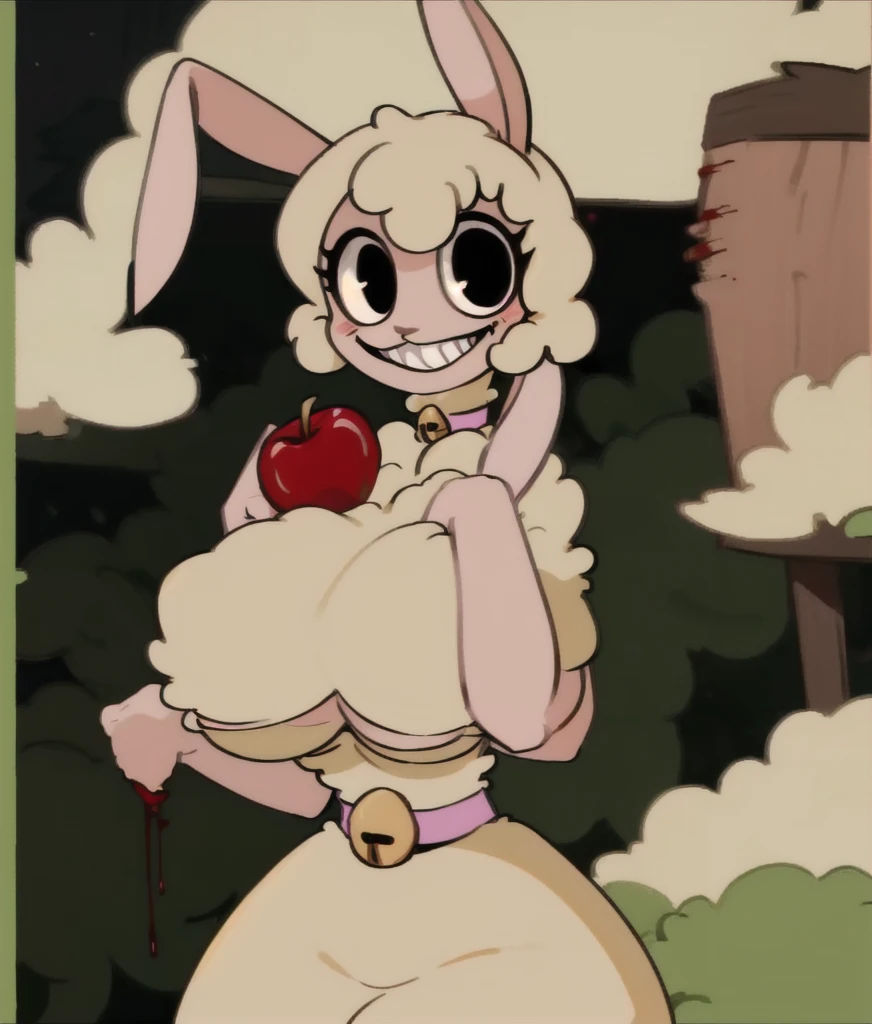 furry,alpaca_carlesi,long neck,big eyes,black eyes,crazy grin,bunny ears,bell choker,fluffy,bare breasts,huge breasts, lactating,cuteg,cartoonized,solo,((holding an apple)),(blood from mouth),eating,(blood_trail),forest,night,darkness,horror \(theme\),Hungry Lamu,
