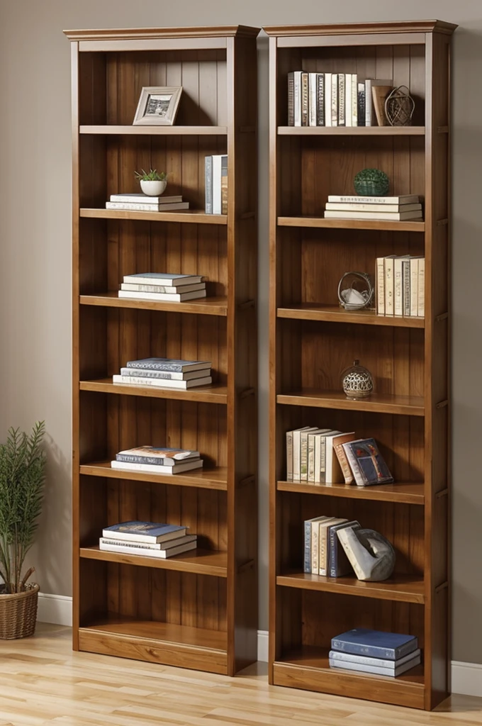 Pine bookshelf or library with slats. slat shelving (not the one on the entire plate).
- Measurements: high 1.80 m. Width 0.40 m. Depth 0.30 m.
- Six save slots (5 shelves, every 30 cm).
- Some small board on the sides to contain the books.
- The tables close together so that thin books do not fall down.