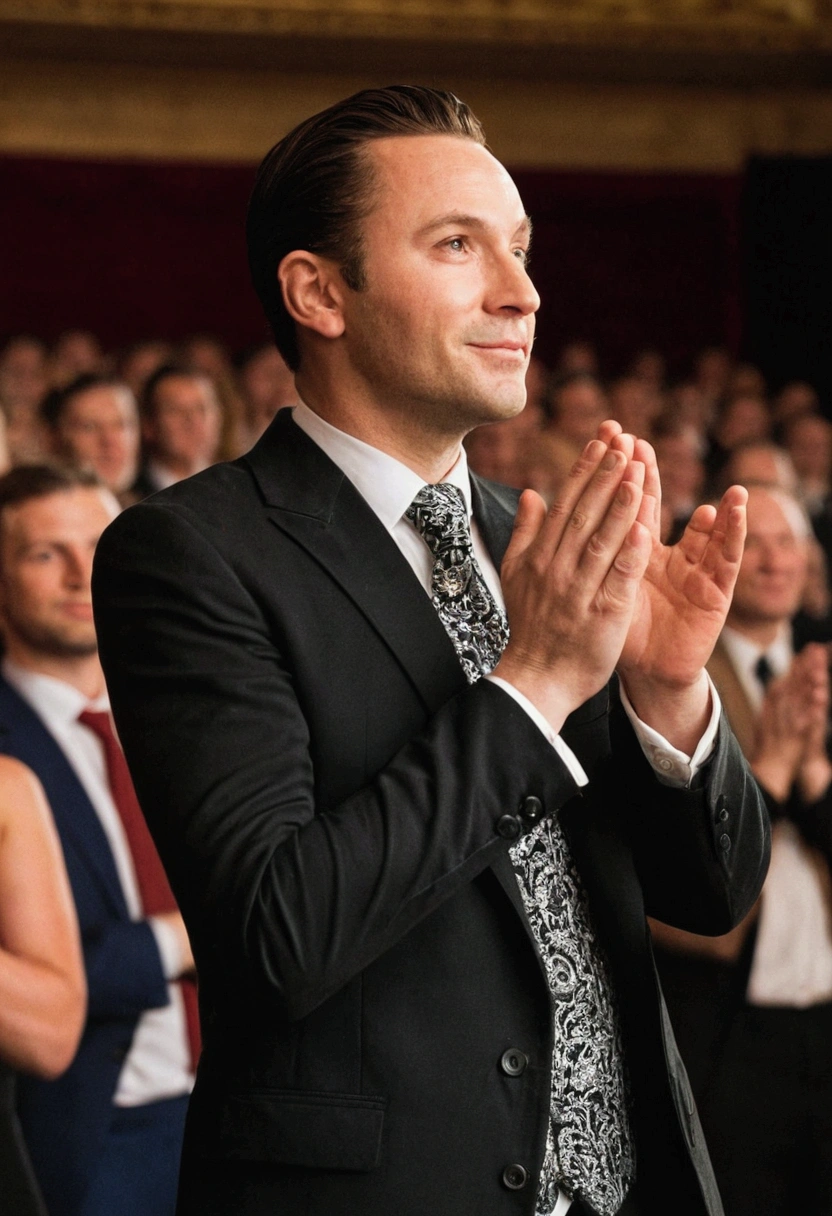 one men, facing an audience, being applauded