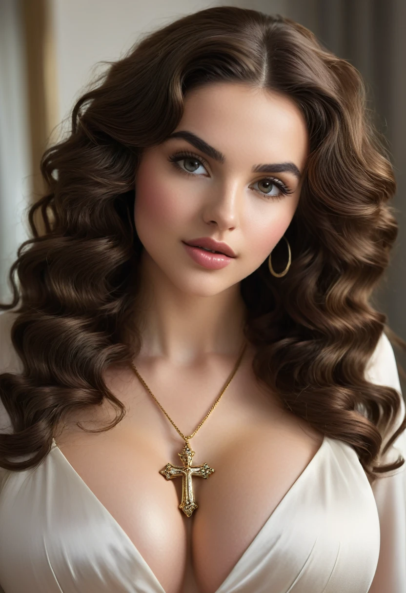A beautful jewish women with a thick bushy unibrow and a large bulbous nose. Thick, intense, curly, frizzy, long brown hair. Hair that clogs a drain after one shower. Hair you find on pillows and in corners of the room and in your refrigerator six months after the head from which it grew last visited. Hair that could not be straightened even if you had four hours and three hairdressers double-fisting blow driers. Hair that screams: Jew. Traditional jewish dress, luxurious long dress、hat. curvy hourglass figure. Ultra HD, the symmetrical face, photorealistic photography, path tracing, specular lighting, and volumetric face light enhance the details. Dove Cameron, Epc lighting, striking silhouette. crucifix necklace. The symmetrical face, photorealistic photography, path tracing, specular lighting, and volumetric face light enhance the details. The scene is captured in maximum quality, masterpiece, 8K high resolution, and top quality