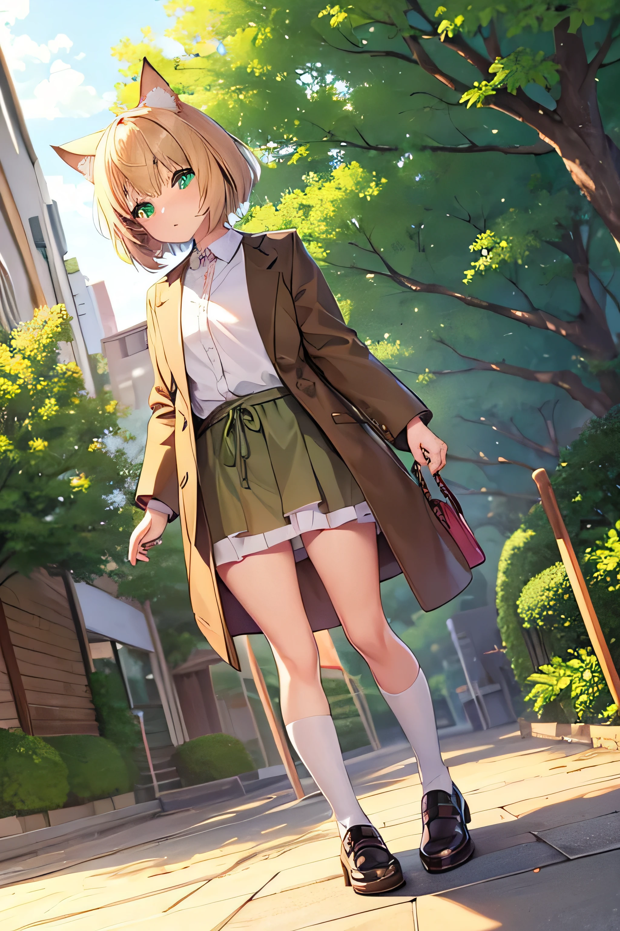 anime character of a cat with green eyes and a brown jacket, white short hair, cute anime catgirl, catgirl, anime catgirl, anime cat, female furry cute style, anime , cute anime, cute character, full body adoptable, anime girl, cute anime style, anime girl with cat ears, nekomimi, very beautiful anime cat girl, calico