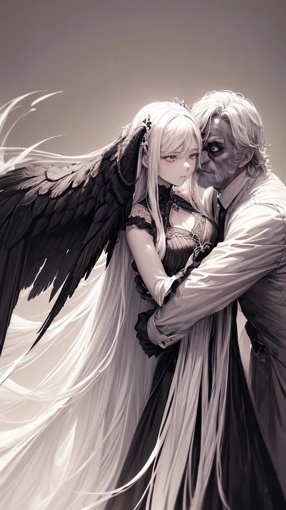 Draw me anime of a mature woman with long white hair,she had a red eye,beside her there was muscular man with short hair colour black,and black wings behind him. They're hugged each other, background aesthetic behind them,(masterpiece, top quality, best quality, official art, beautiful and aesthetic:1.2), extreme detailed, (fractal art), (black and white:1.5), (a girl embracing a shadow man in all black:1.5), (embracing), (tragic), large angel wings, dynamic angel, long hair flowing, occult, (oil painting), gloomy, holy, black background, side view, white hair