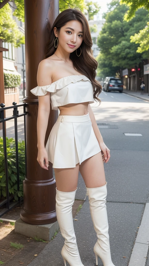 （Brown layered wavy hair）,Heavy makeup、(18 year old,two females,Japanese):1.2、8K, Seductive smile,tall：1.4、a small face、Nikon Z 85mm, ((Best Quality)) ,((masterpiece)), intricate detailes, Professional, Realistic, Photorealistic、 ((Strapless,Baretop midriff,Sexy mini skirt))：1.2、（Walking in the park）:1.2, large earring、（White Stretch knee boots with high stiletto heels、Pointed toe）：1.2、Full body shot