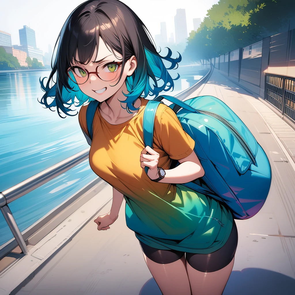 (burst into laughter),glasses,(colorful cycling uniform:1.4),(covered erectile :1.3),(Muscular:1.5),(cleavage cutout:1.3), (show off Cameltoe:1.3),(Cameltoe:1.4),(wet uniform:1.2),( through clothes),(top-quality:1.5)、(masuter piece:1.5)、(hight resolution:1.5)、(Raw photography:1.5)、realisitic、Photorealsitic、high detal、film grains、Detailed skin、Bloomlight、Symetrical、8K、extremely delicate and beautiful、illustratio、 1girl in, (cute face),(medium chest:1.3),braid ponytail,medium hair,red hair,Thin leg,delicate and pretty,(face perfect),beatiful detailed eyes,Real Human Skin,pores,loli face,(13yo student),(Peerless beautiful girl),Midsummer,midsummer sunshine