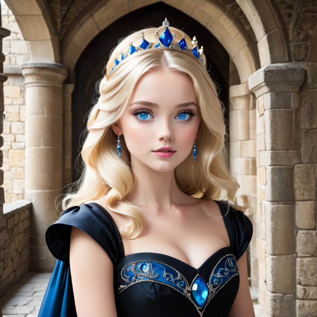 princess in a castle. blonde hair, blue eyes and black dress. 