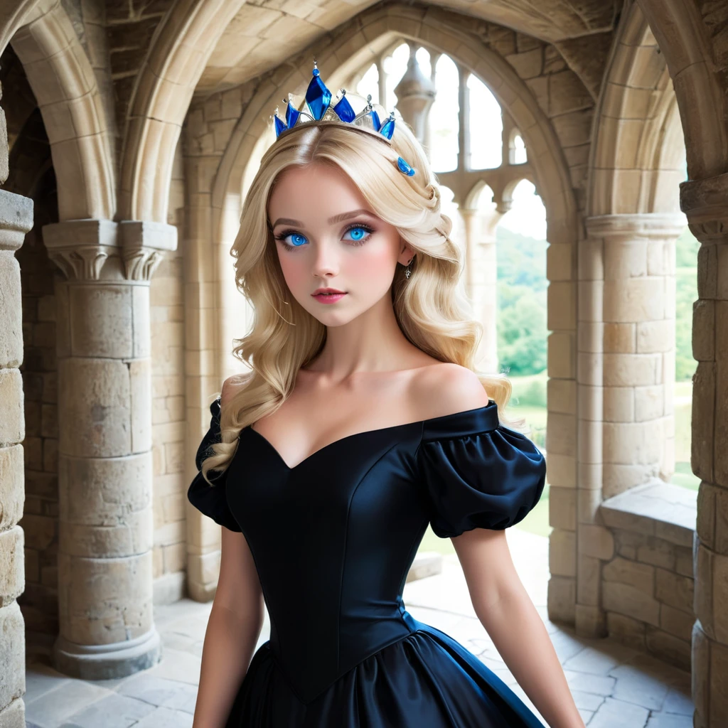 princess in a castle. blonde hair, blue eyes and black dress. 