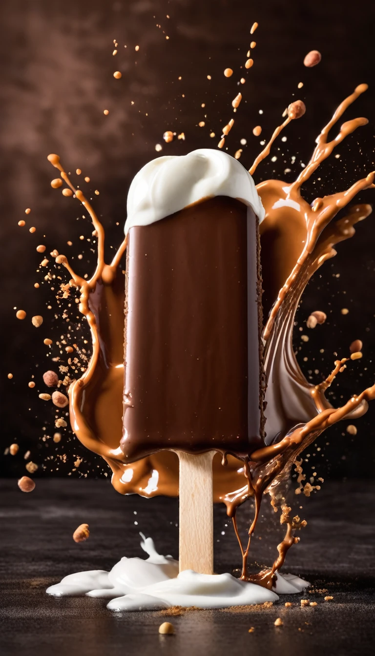 a picture a chocolate hazelnut popsicle, yogurt and chocolate splashing in the background like in a commercial
