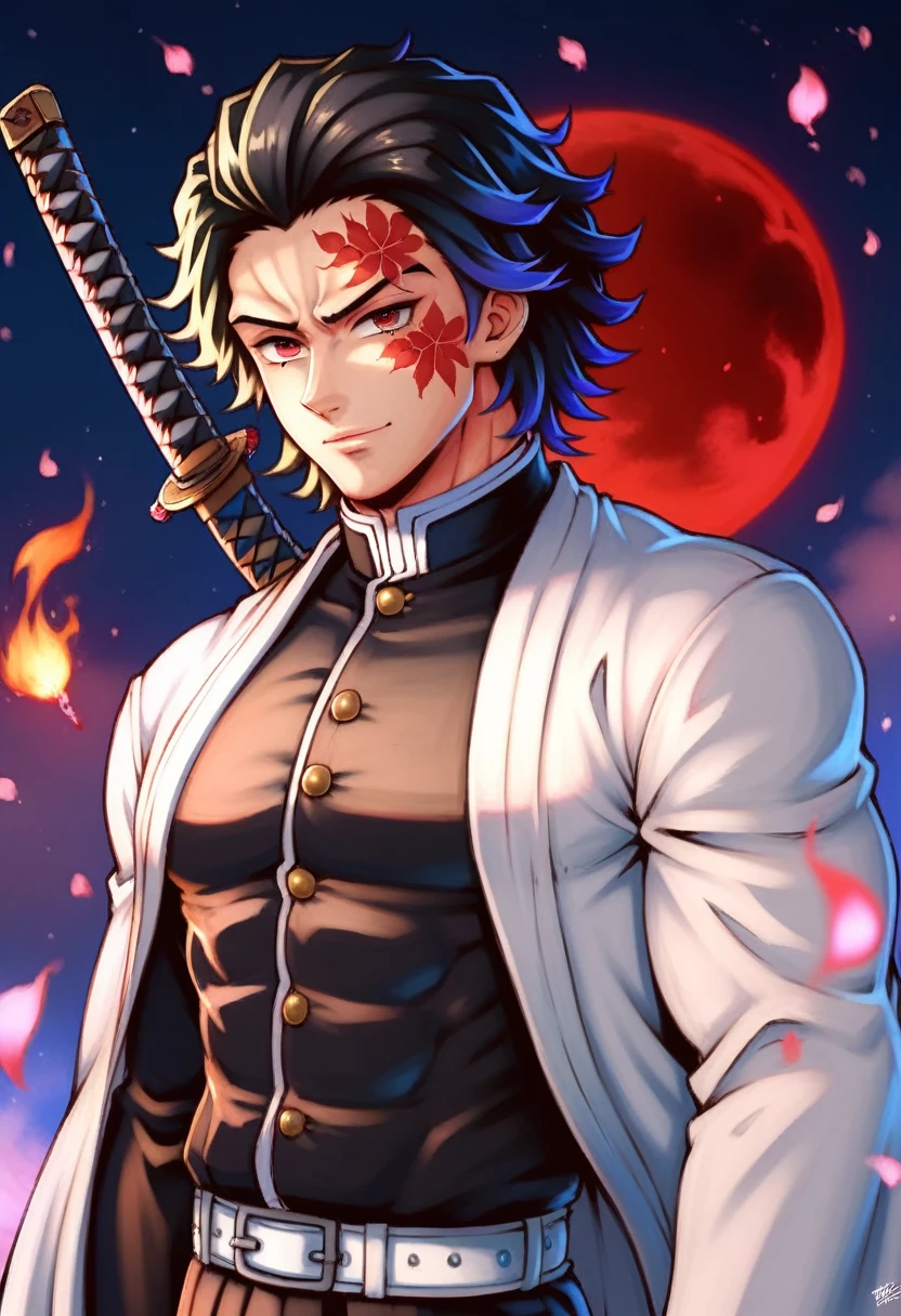 Ultra detailed, highres, absurdres, HDR, master piece, male demon slayer, black medium length hair, expressive red eyes, white cloak with patterns of flames, black demon slayer uniform, Kimetsu No Yaiba, handsome, sexy man, solo, best quality, black and red katana with flame patterns, extremely detailed face and eyes, fire coming from katana, red moon