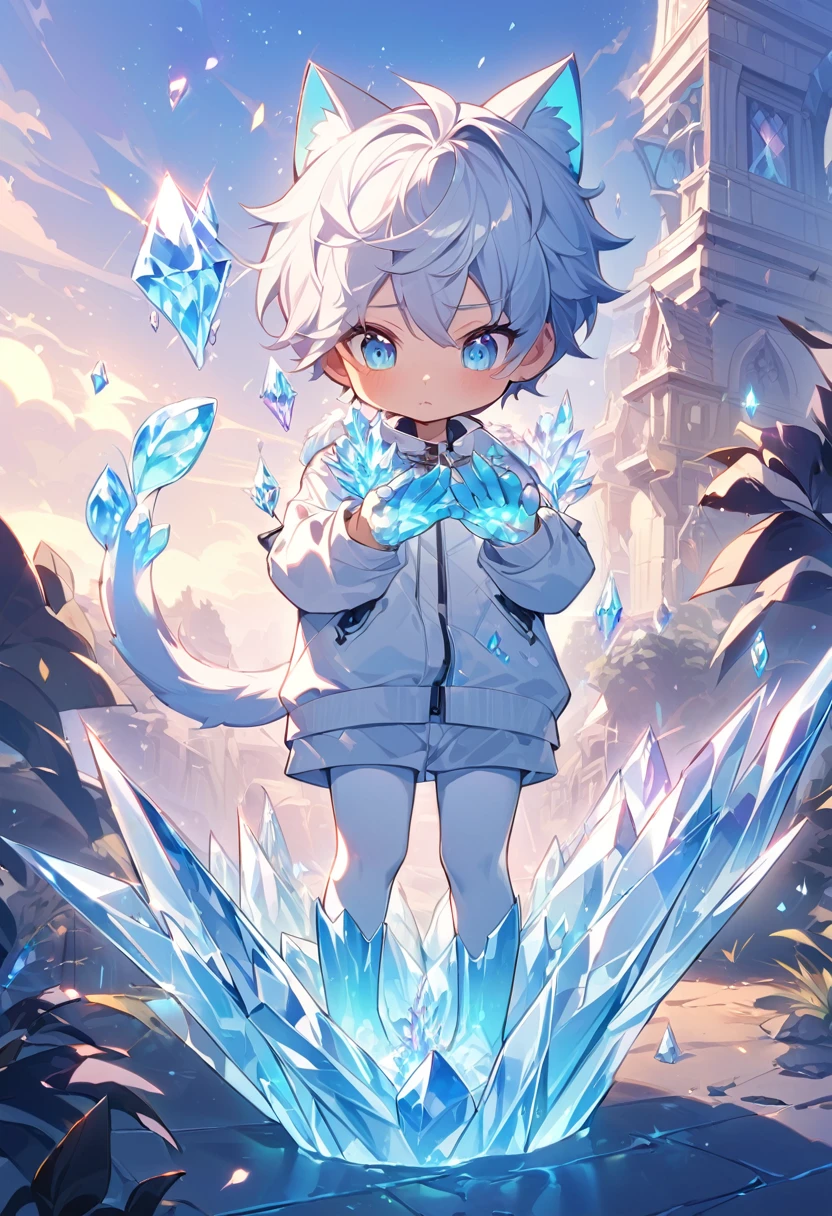 male cat,Boys,Has a tail,Lovely,Thin,struggle,eternal,crystallic,Blue slime,Feet turned into crystal,Hands turned into crystal,Crystal legs,Crystal feet,Crystal hands,illumination,freeze,脚被freeze,charming,Boys们 ,蓝色Crystal feet,穿着Tight Fit衣,plastic,Full body portrait,Smooth,全身Tight Fit衣,Thin,Light blue gel coat,Full body gel coating,outdoor,naked,Small pants,Tight Fit,No clothes