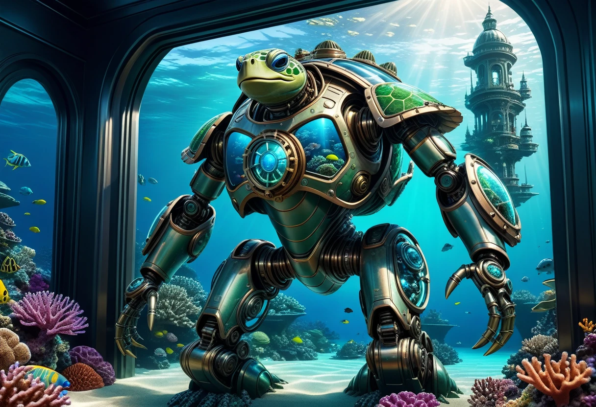 a huge full metal android robot turtle, carrying a futuristic underwater city inside its body cover with window glasses, smilling,funny,fantasy ,detailed mechanical exoskeleton, intricate gears and joints, advanced technology, underwater sci-fi landscape, bioluminescent coral reefs, shimmering blue-green ocean, dramatic lighting, photorealistic, 8k, cinematic composition, digital art, concept art