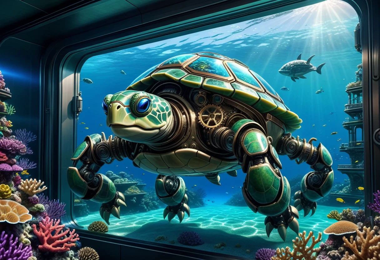 a huge full metal android robot turtle, carrying a futuristic underwater city inside its body cover with window glasses, smilling,funny,fantasy ,detailed mechanical exoskeleton, intricate gears and joints, advanced technology, underwater sci-fi landscape, bioluminescent coral reefs, shimmering blue-green ocean, dramatic lighting, photorealistic, 8k, cinematic composition, digital art, concept art