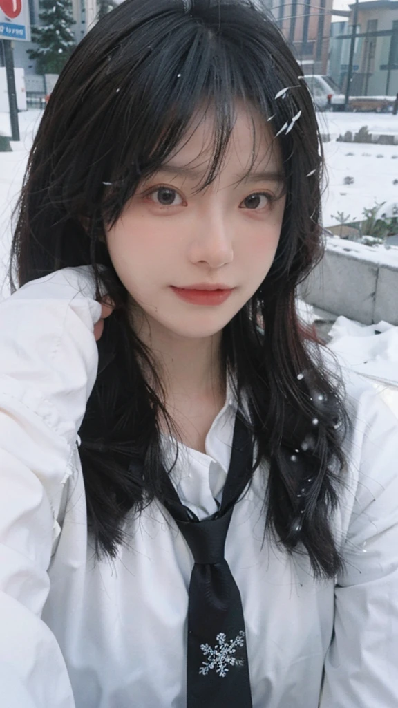 Best quality，masterpiece，Ultra-high resolution，snow，16K,Snow background，（Photo Realism：1.4),1 Girl，JK，Sexy，（Shirt and Tie：1.2),（Big breasts：2.3),（Upper body：1.4)
