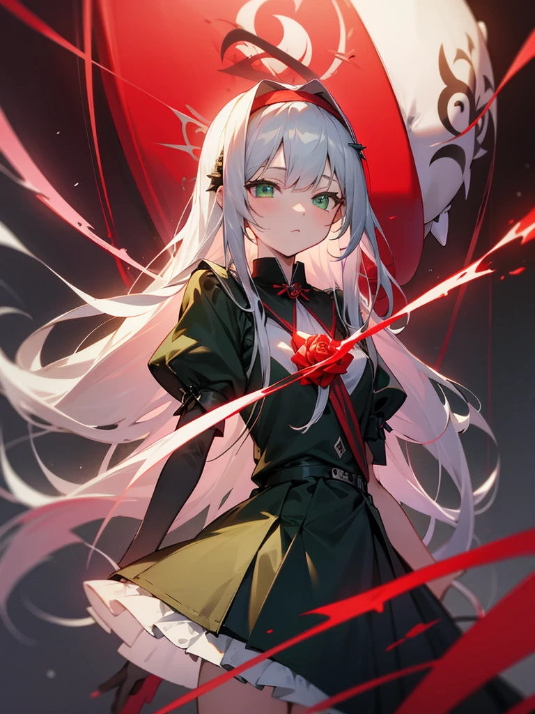 Bite an apple、Silver long-haired、Calm face、Light green eyes、
黒Rose miniskirt dress、Crimson Headband、virgin、
Rose Garden、Barbed wire