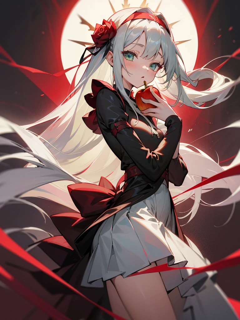 Bite an apple、Silver long-haired、Calm face、Light green eyes、
黒Rose miniskirt dress、Crimson Headband、virgin、
Rose Garden、Barbed wire