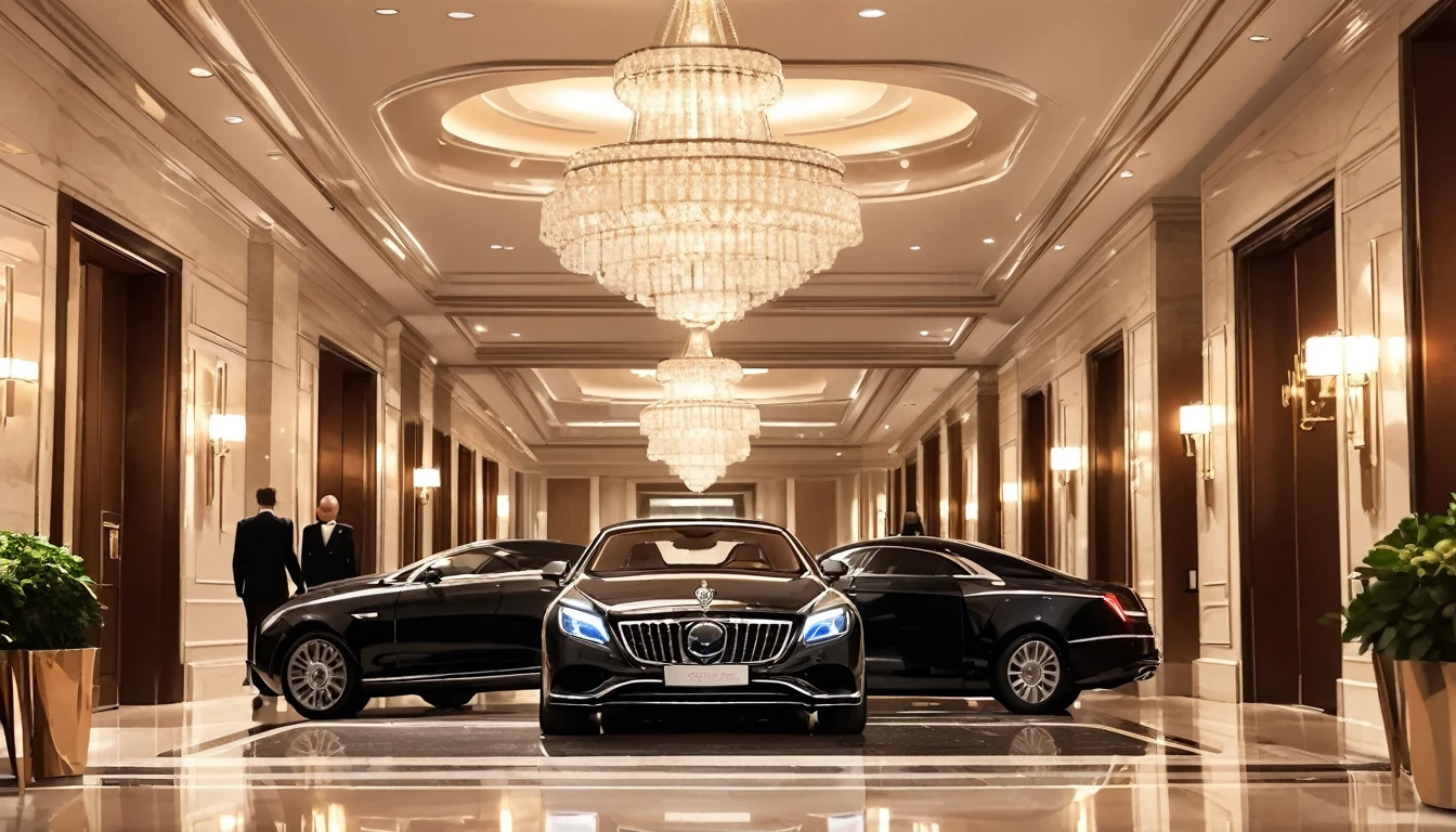 Luxurious entrance of a five-star hotel,elegant cars arriving,glamorous guests entering and exiting,bright flashes from cameras,lively and sophisticated atmosphere,