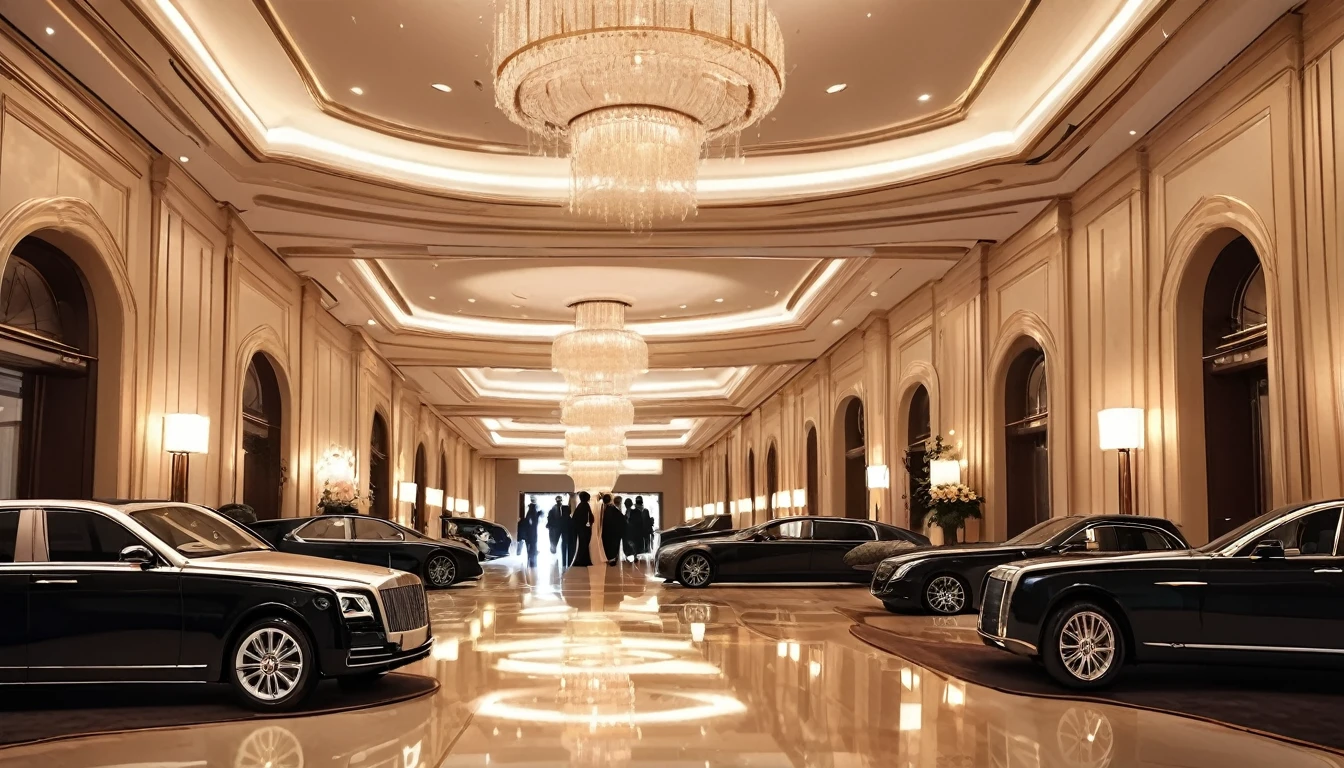 Luxurious entrance of a five-star hotel,elegant cars arriving,glamorous guests entering and exiting,bright flashes from cameras,lively and sophisticated atmosphere,