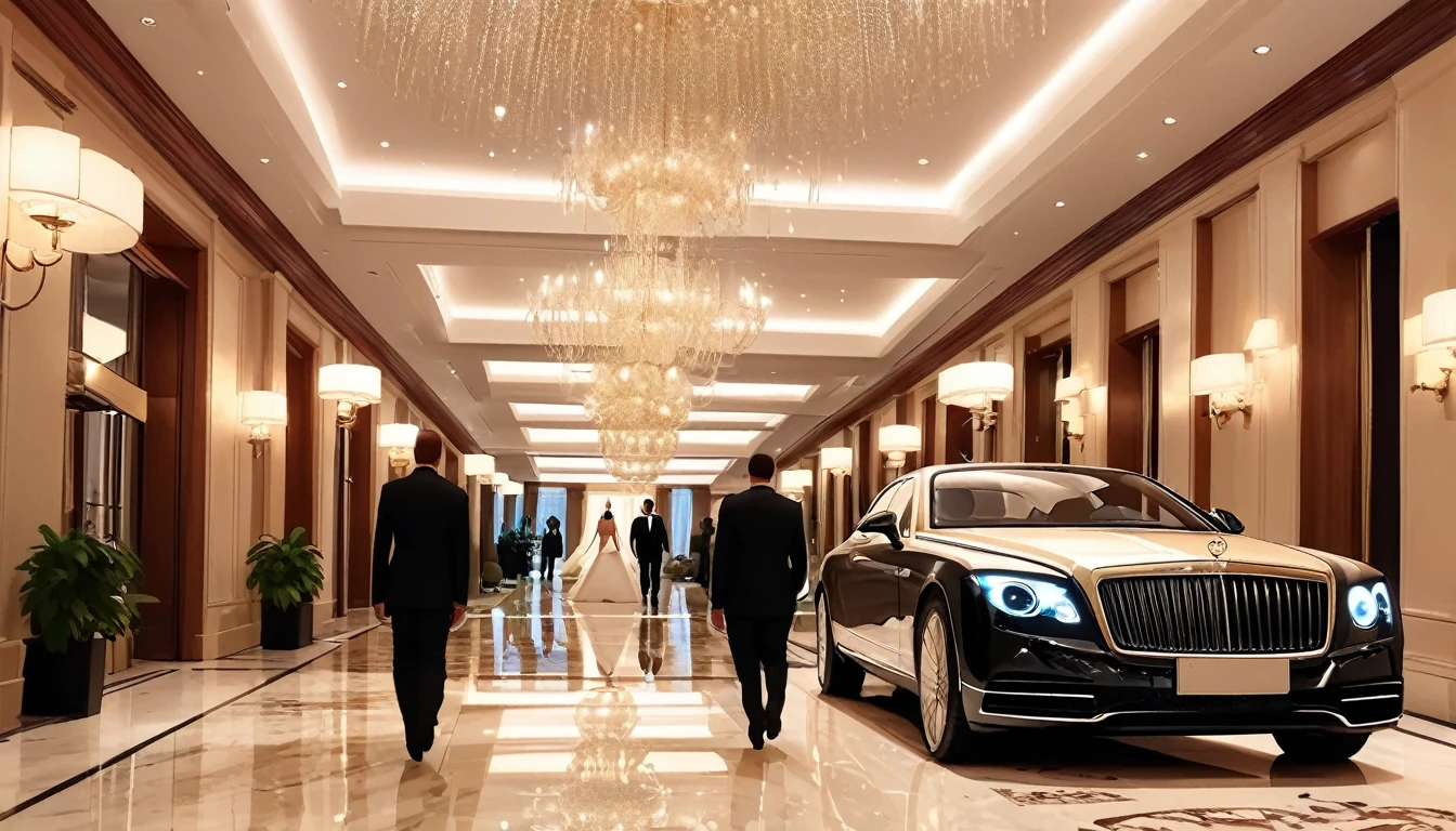 Luxurious entrance of a five-star hotel,elegant cars arriving,glamorous guests entering and exiting,bright flashes from cameras,lively and sophisticated atmosphere,