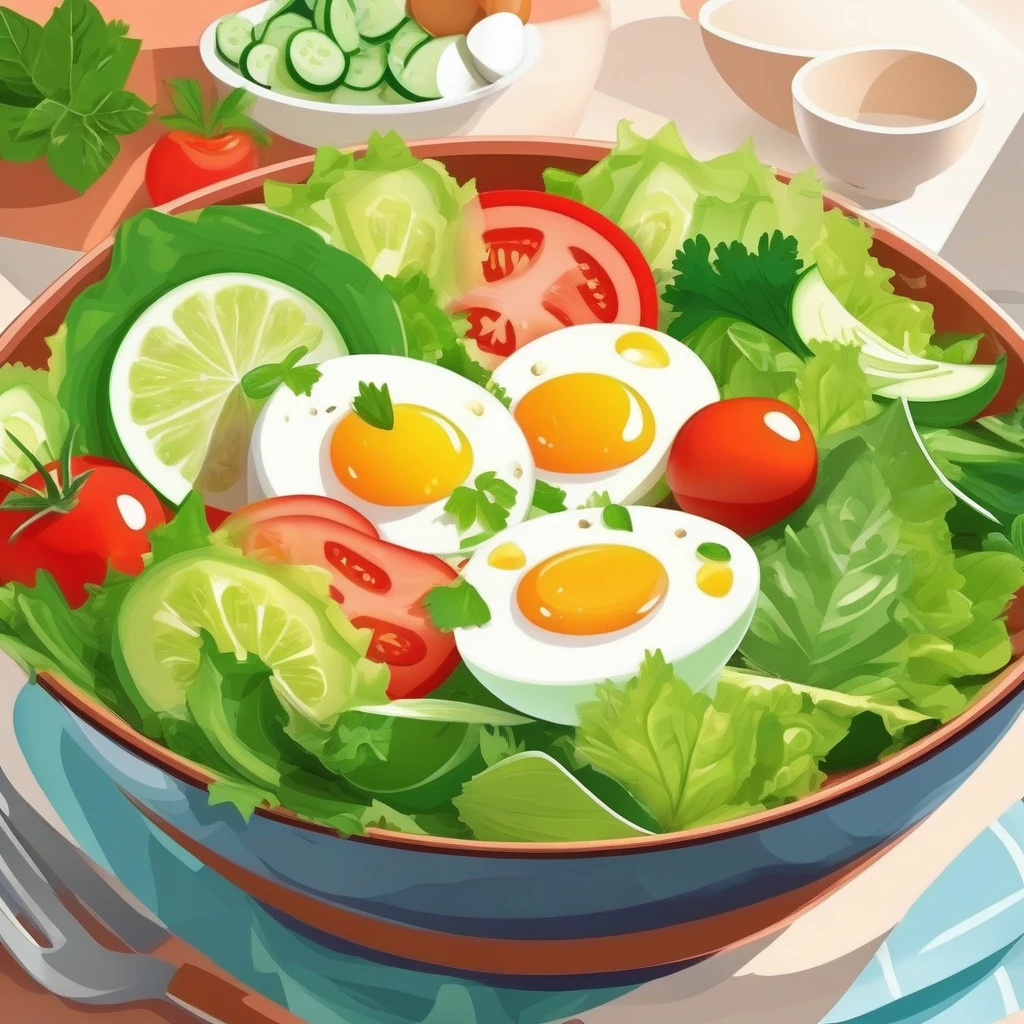 salad lettuce boiled egg Cucumber tomato Colorful An illustration Cute looking landscape