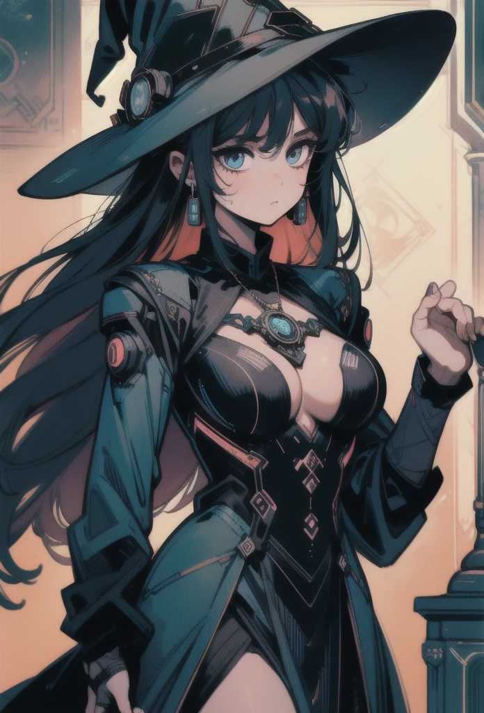 depicts a modern-day witch who has embraced the world of cybernetics to enhance her magical abilities. The artwork should convey the enchanting blend of traditional witchcraft and futuristic technology. Here are some specific elements to include: The Witch's Lair: The setting should be a cozy yet slightly eerie room, filled with magical books, crystal balls, potion ingredients, and antique furnishings. The room should be dimly lit by candles and a soft, mystical glow emanating from her cybernetic enhancements. The Cyborg Witch: The central focus of the artwork is the witch herself. She's a striking figure with a mix of traditional witch attire and cybernetic enhancements. Her clothing should have a witchy, occult aesthetic, with flowing robes, a pointed hat, and an intricate pentagram necklace. Her arms, however, have been upgraded with cybernetic components that incorporate magical symbols and glowing runes. Magical Interface: The witch is in the midst of casting a spell, with a holographic, touch-screen interface floating before her. This interface includes spell incantations, arcane symbols, and digital components, demonstrating her fusion of magic and technology. Spell Ingredients: On a nearby table, there should be a collection of spell ingredients, like herbs, potions, and magical artifacts. Some of these items may have been modified with cybernetic enhancements, blurring the line between the natural and the technological. Familiar: The witch's familiar, perhaps a cat or raven, should be present in the scene, serving as her magical companion. The familiar could also have subtle cybernetic enhancements or glowing eyes. Glowing Runes: The room should be adorned with ancient symbols and glowing runes on the walls and floor, contributing to the magical atmosphere. Aetherial Lighting: Use a combination of mystical, ethereal lighting and cybernetic glows to create a captivating interplay of light and shadow. The contrast between the tradit