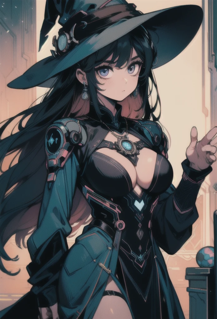 depicts a modern-day witch who has embraced the world of cybernetics to enhance her magical abilities. The artwork should convey the enchanting blend of traditional witchcraft and futuristic technology. Here are some specific elements to include: The Witch's Lair: The setting should be a cozy yet slightly eerie room, filled with magical books, crystal balls, potion ingredients, and antique furnishings. The room should be dimly lit by candles and a soft, mystical glow emanating from her cybernetic enhancements. The Cyborg Witch: The central focus of the artwork is the witch herself. She's a striking figure with a mix of traditional witch attire and cybernetic enhancements. Her clothing should have a witchy, occult aesthetic, with flowing robes, a pointed hat, and an intricate pentagram necklace. Her arms, however, have been upgraded with cybernetic components that incorporate magical symbols and glowing runes. Magical Interface: The witch is in the midst of casting a spell, with a holographic, touch-screen interface floating before her. This interface includes spell incantations, arcane symbols, and digital components, demonstrating her fusion of magic and technology. Spell Ingredients: On a nearby table, there should be a collection of spell ingredients, like herbs, potions, and magical artifacts. Some of these items may have been modified with cybernetic enhancements, blurring the line between the natural and the technological. Familiar: The witch's familiar, perhaps a cat or raven, should be present in the scene, serving as her magical companion. The familiar could also have subtle cybernetic enhancements or glowing eyes. Glowing Runes: The room should be adorned with ancient symbols and glowing runes on the walls and floor, contributing to the magical atmosphere. Aetherial Lighting: Use a combination of mystical, ethereal lighting and cybernetic glows to create a captivating interplay of light and shadow. The contrast between the tradit