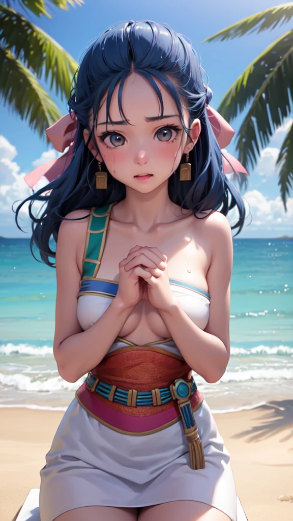 Nera、Hair Ribbon、Earrings、chest、Sash、（Highest quality、masterpiece、RAW Photos、Super detailed:1.2）、1 girl、小さなchest, Sitting, Hands on the ground beside you, Upper Body, Turn your body forward, hot, Sweating a lot, Wipe away sweat, looking at the camera, Ocean, beach, Beach, Embarrassing