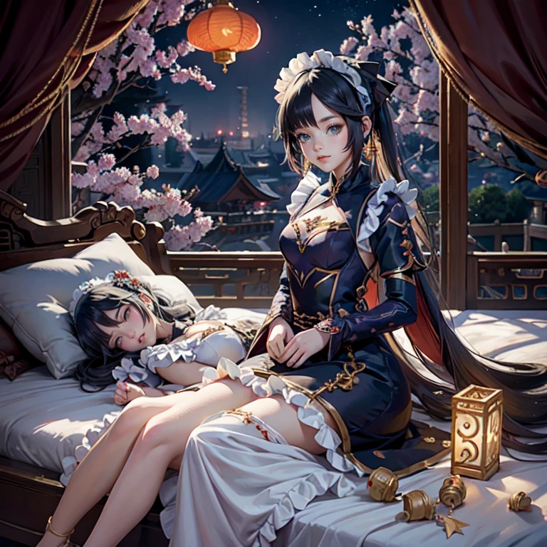 Mona_(genshin impact), 1girl, white roses, ornament hair, roses on her hair, maid, maid dress, maid headdress, maid apron, black hair, long hair, laying down on the bed, bedroom scene, Chinese maid dress, gold lantern, navy dress, more details on her clothes, golden details, night, smiling, coat, chinese style, solo, alone, crystal, curtains, full moon on the sky, laces, frills, sparkles, fireflies, laying down on the bed, chinese architecture on the background, white roses on the floor, bedroom scenery, solo, 1 girl, mini skirt 