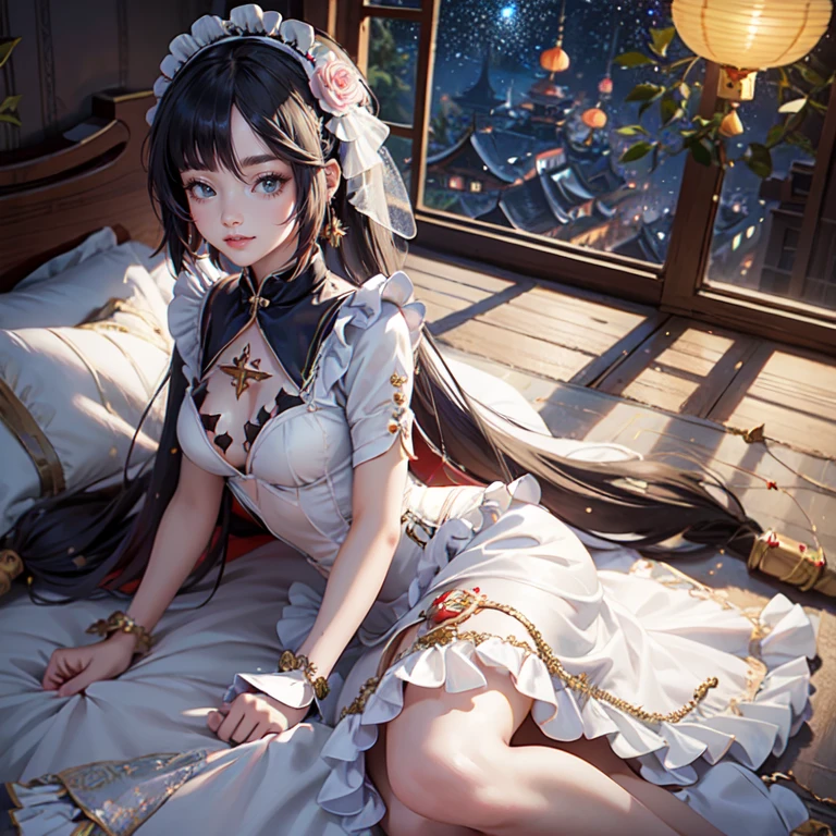 Mona_(genshin impact), 1girl, white roses, ornament hair, roses on her hair, maid, maid dress, maid headdress, maid apron, black hair, long hair, laying down on the bed, bedroom scene, Chinese maid dress, gold lantern, navy dress, more details on her clothes, golden details, night, smiling, coat, chinese style, solo, alone, crystal, curtains, full moon on the sky, laces, frills, sparkles, fireflies, laying down on the bed, chinese architecture on the background, white roses on the floor, bedroom scenery, solo, 1 girl, mini skirt 