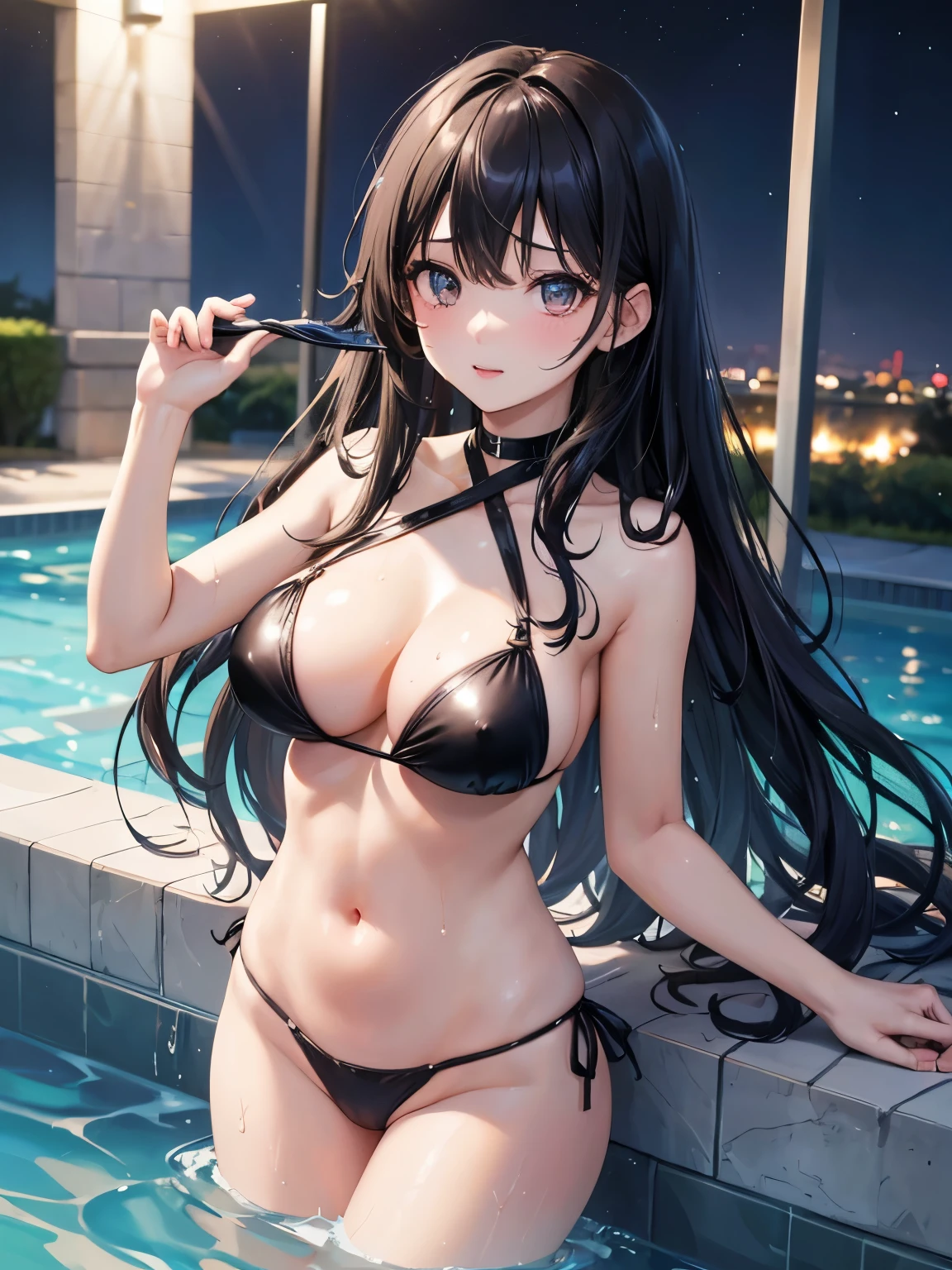 ((Highest quality))、((masterpiece))、(detailed)、((Anatomically correct))、One Woman、aldult、adult、(Look at me)、(Ultra-glossy skin with attention to detail:1.1)、Glowing Skin、bangs、long hair、Wavy Hair、Shiny black hair、(Beautiful Eyes:1.3)、Slender figure、Thin thighs、E Cup、Accentuate the cleavage、Colorful Bikinis、Night Pool、Night view、Perfect lighting、((Wet))