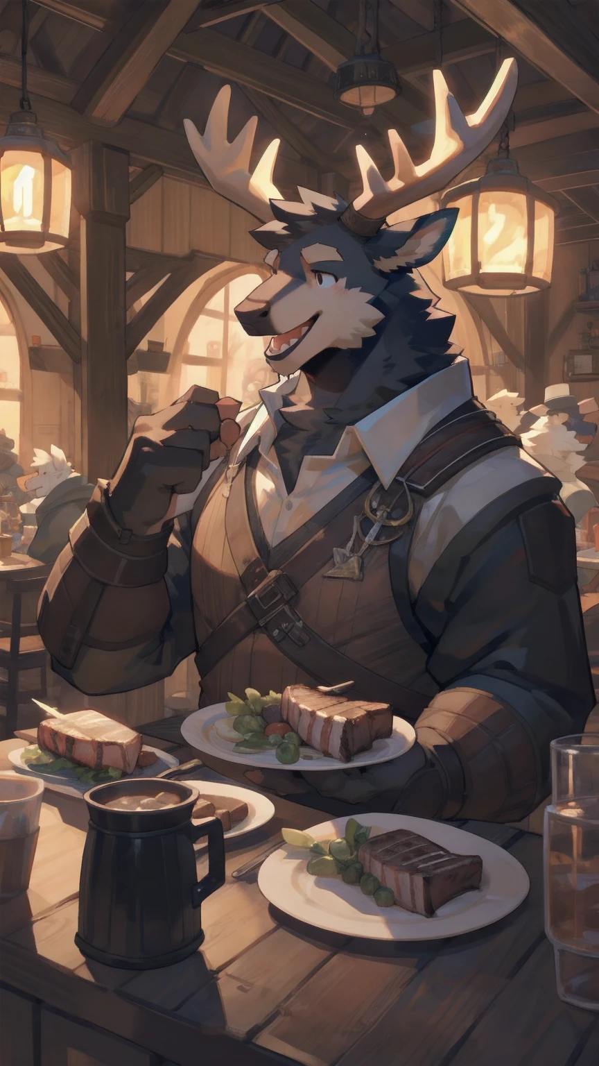 Solo, male,  in tavern, by bigcozyorca, by goonie-san, by bebebebebe, by spikedmauler, facing viewer, red, black fur, elk, bushy tail, buff, adventurer armor, fantasy tavern background, open mouth, detailed mouth, closed mouth grin, drooling over fancy dinner, hungry expression, about to eat steak dinner.