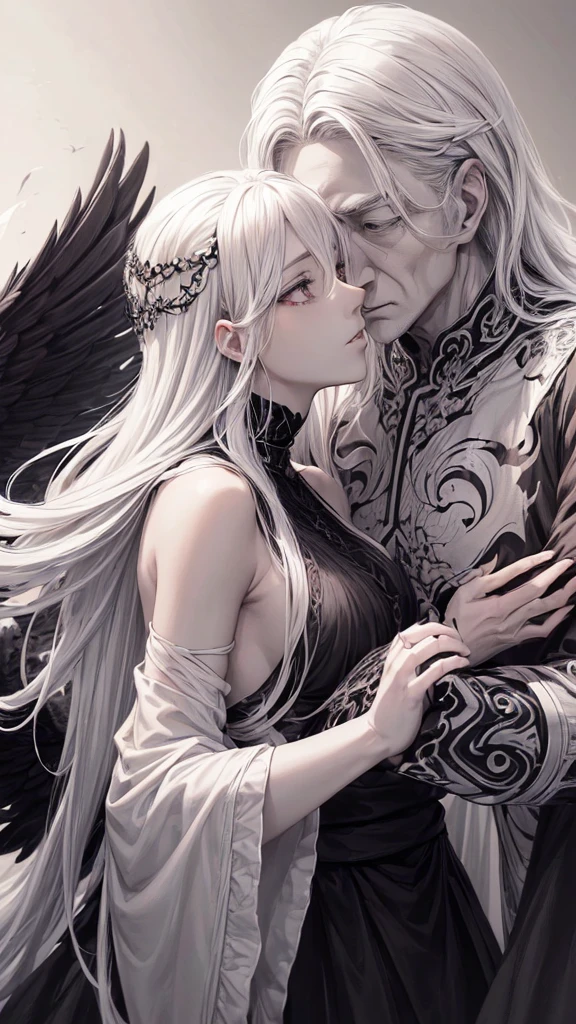 Draw me anime of a mature woman with long white hair,she had a red eye,beside her there was a muscular man with short hair colour black,and black wings behind him. They're hugged each other, background aesthetic behind them,(masterpiece, top quality, best quality, official art, beautiful and aesthetic:1.2), extreme detailed, (fractal art), (black and white:1.5), (a girl embracing a shadow man in all black:1.5), (embracing), (tragic), large angel wings, dynamic angel, long hair flowing, occult, (oil painting), gloomy, holy, black background, side view, white hair