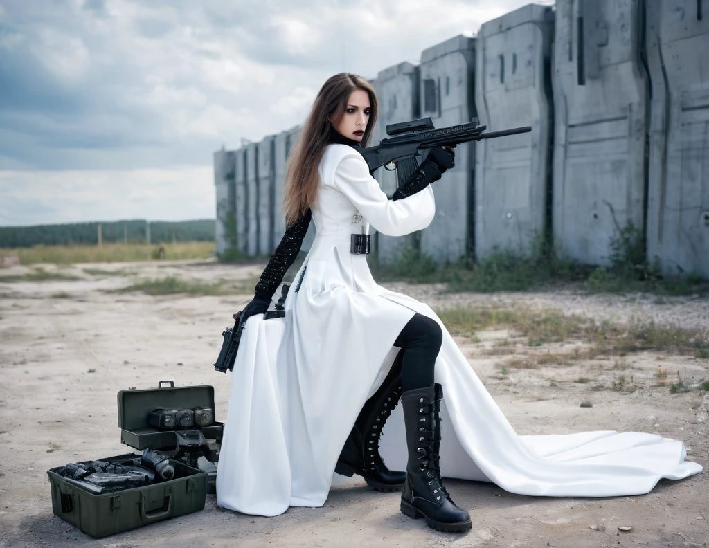 Beautiful girl shooting a gun, Changing magazines, white gothic long gown, Military boots, shoots her enemy, futuristic military base