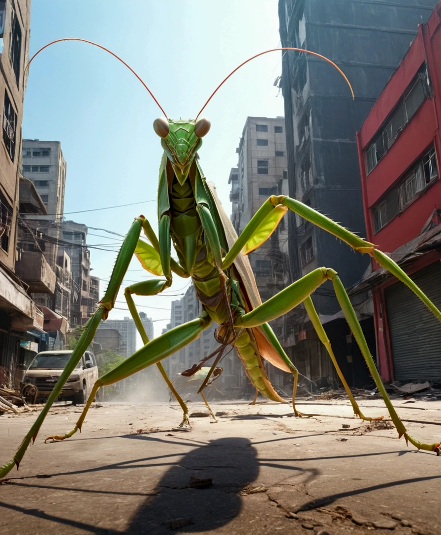 of the highest quality, 8k, giant praying mantis monster, Wielding a giant scythe, Destroy the city and go on a rampage., People running around々, giant creature, motion blur, line of action, high speed line