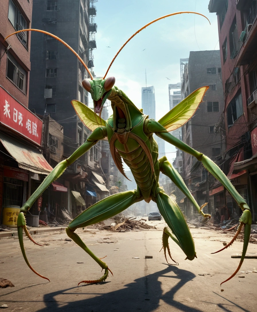 of the highest quality, 8k, giant praying mantis monster, Wielding a giant scythe, Destroy the city and go on a rampage., People running around々, giant creature, motion blur, line of action, high speed line