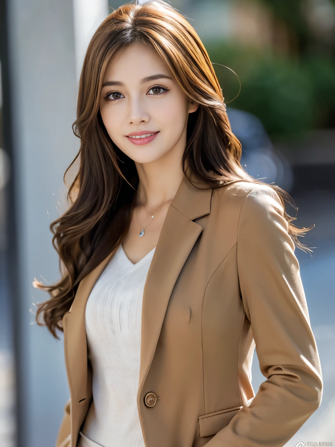 (full body,upright]1.0),masutepiece, Best Quality, Photorealistic, Ultra-detailed, finely detail, High resolution, 8K Wallpaper, 1 beautiful woman,, light brown messy hair, in a brown business suit, foco nítido, Perfect dynamic composition, Beautiful detailed eyes, detailed hairs, Detailed realistic skin texture, Smiling, Close-up portrait, Model body type, Random body orientation,