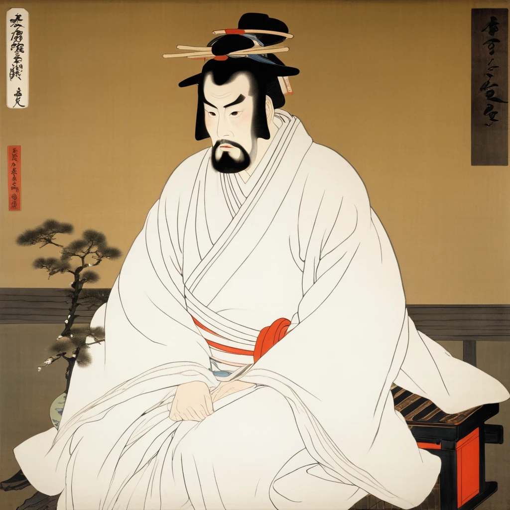 Arafed painting of a man wearing a white robe and hat sitting on a chair, red eyes,Katsura Masakazu, Yukinobu Hoshino, masakazu katsura, shikanosuke yagaki, From the Sengoku period, Inspired by Sesshu Toyo, Shogun, Feudal Japan, or period
