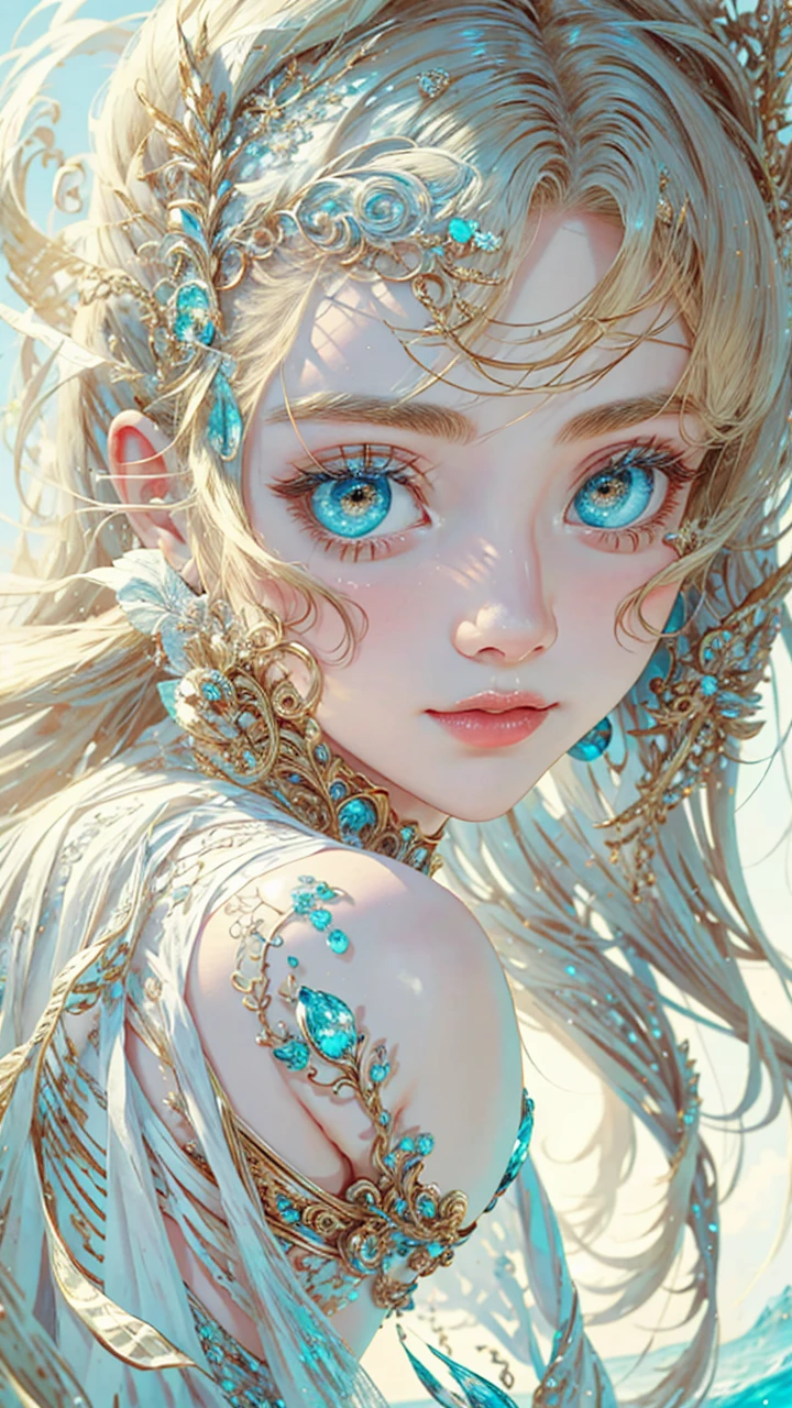(best qualtiy), ((tmasterpiece)), 1个Giant Breast Girl,(solo),half-body portrait, Delicate face, looking at viewert, firm eyes, exposed bare shoulders,Exquisitehands, Um ser celestial, light particules, The halo,the ocean, Full of energy, Colorful colors, (Bio-luminescence),(Detailed composition), Movie Lighting