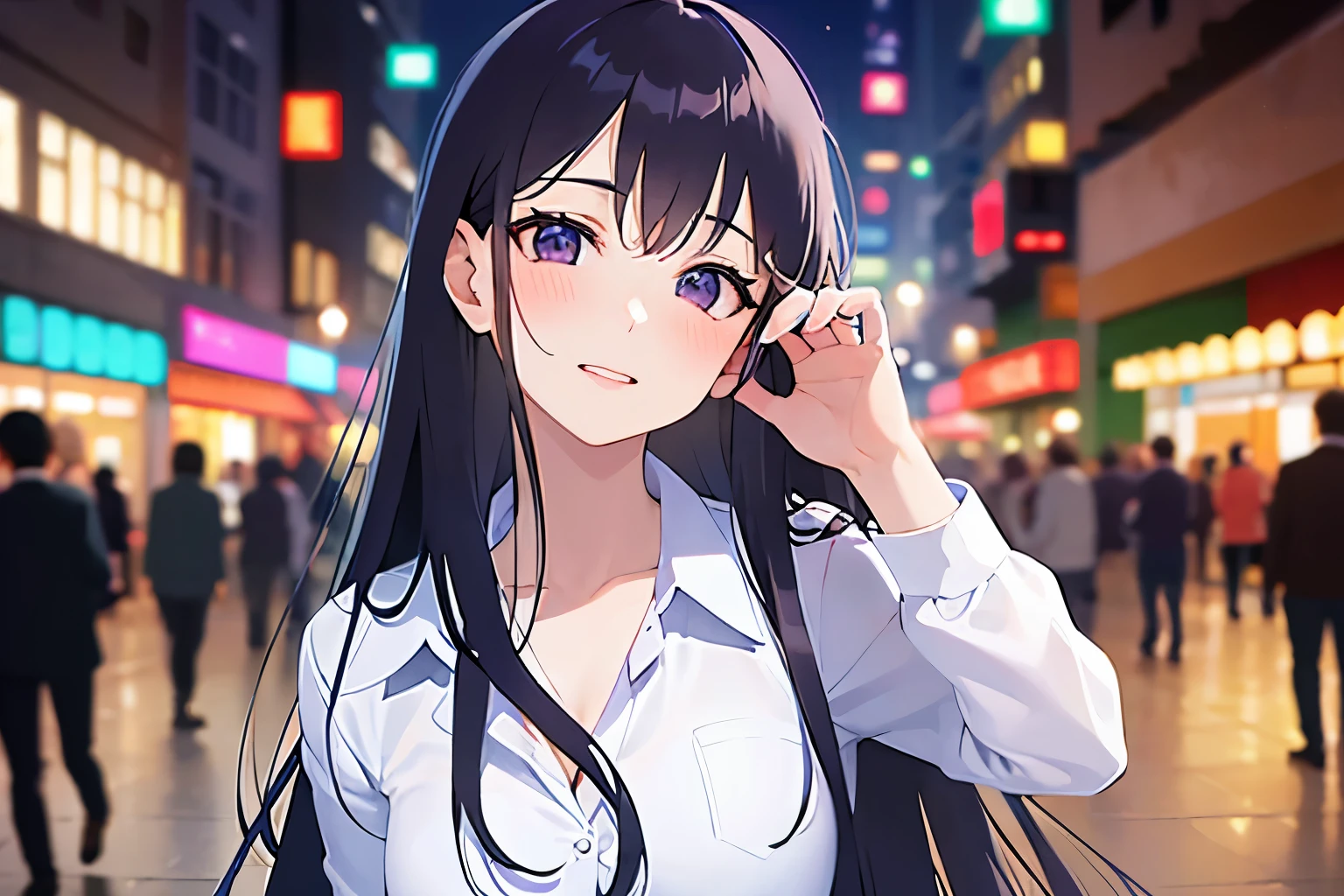 head tilt、hand on own face、looking up, cleavage、Upper Body, Realistic, real person, (pale skin: 1.2), RAW photo, photorealistic, shiny skin, shiny hair、(A 25-year-old woman with straight hair and bangs) and (medium hair) and (black hair) and (purple eyes) , (white collared shirt:1.5)、smile, (blush:1.5), The background is a shopping street at night、Alone、Are standing