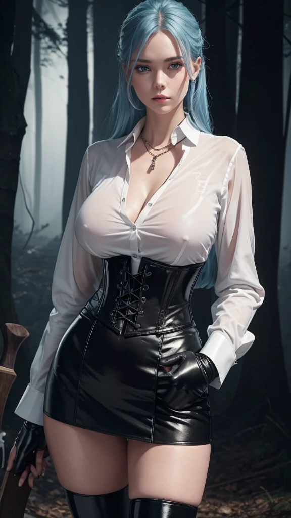 A masterpiece of beautiful art, Professional artist 8k, Highly detailed face, Tailored clothing, Detailed fabric 1 girl, eula Genshin Impact view from the front, The perfect ass, Standing big breasts, Perfectly drawn body, Pale skin, Serious expression, Beautiful Face, Sky blue hair eyes 4k, Highly detailed eyes, Pink cheeks, necklace : 1.6, White long-sleeved button-down shirt with a white collar Black gloves that cover up to the elbows He holds an ax in his right hand, Black leather corset), Shiny black leggings, black leather boots, Sensory lips, Details appear in the dark forest eyes at night, Foggy atmosphere, legs apart, Chest apartment,Multi-faceted perspective, Short skirt, See-through clothes